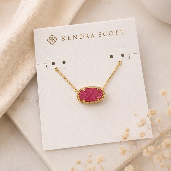Kendra Scott Jewelry - Kendra Scott Elisa Pendant Necklace Gold Pink/Red Drusy Oval Charm gift